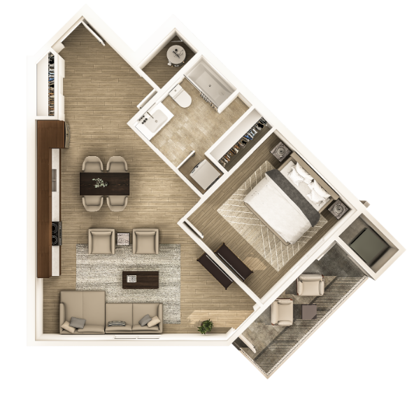 Floor plan for 1 bed, 1 bath, 864 sqft